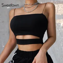 Sweetown женский черный укороченный топ, сексуальное женское белье, майки, дешевая одежда, китайская мода, одноцветные, с вырезом, для фитнеса, уличная одежда, укороченные топы