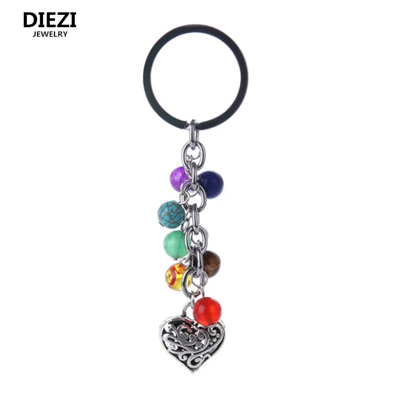 

DIEZI 8mm Fashion Multicolor Yoga Healing Natural Stone 7 Chakra Pray Keychain Car Key Chain Ring Owl Heart Pendant For Bag