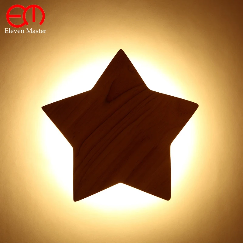 

Nordic corridor Solid wood wall light creative wooden art study lamp modern led star children wall lamp decoration lamp WWL002