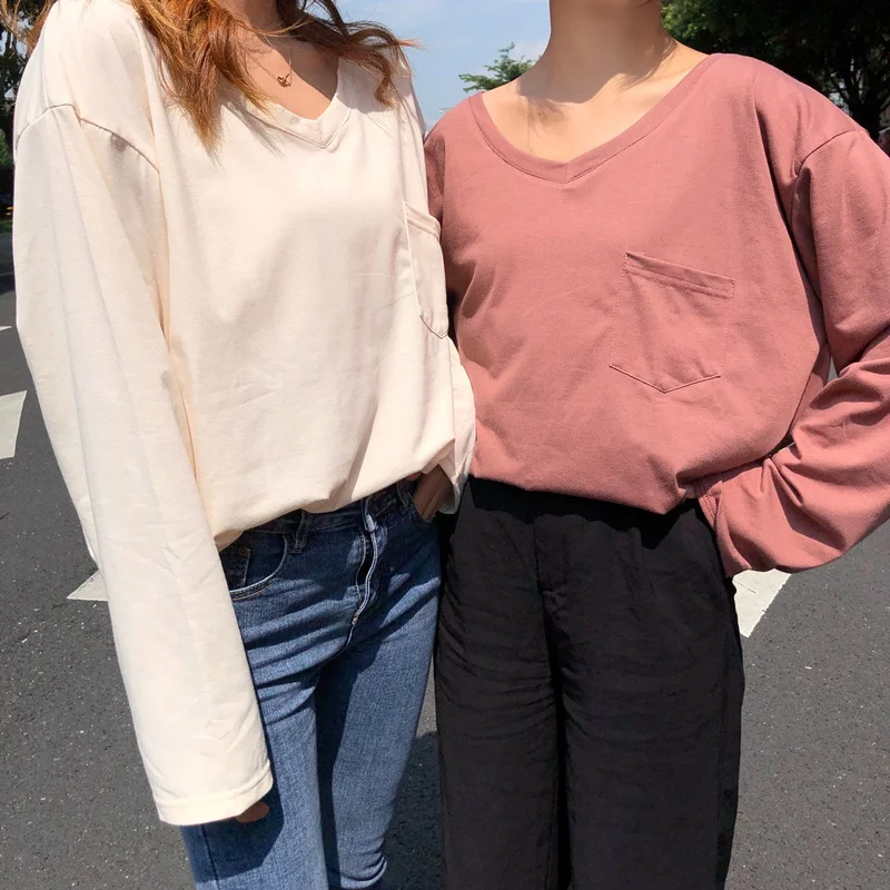 

Women Casual O Neck T shirt Long Sleeve Loose T-Shirt Solid Sweet Pocket Cotton Blend Tees T Shirts