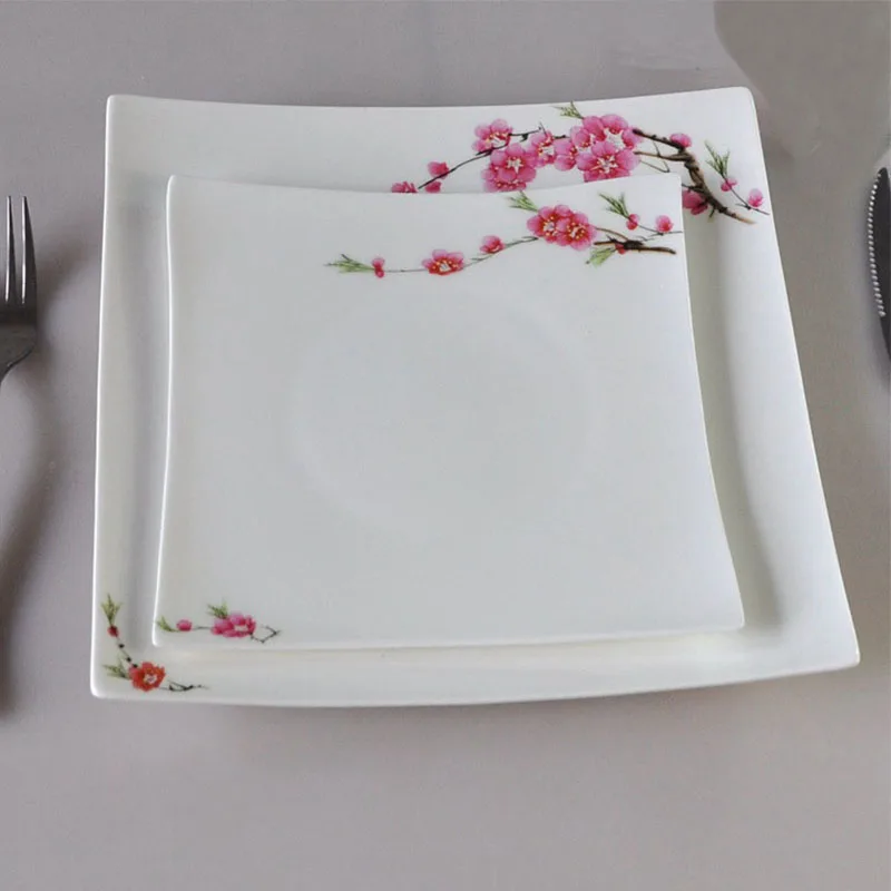 

8.5&10.5 Inch Diameter White Top Bone China Ceramic Dinnerware Western Dining Tableware Plum Blossom Around The Square Plate