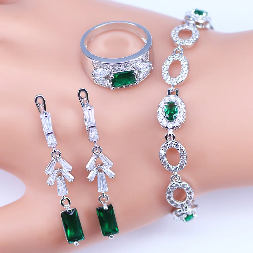 

Lovely Square CZ Stone And Green Crystal Bracelets Earring Ring Set Fashion Silver Color Jewelry For Women