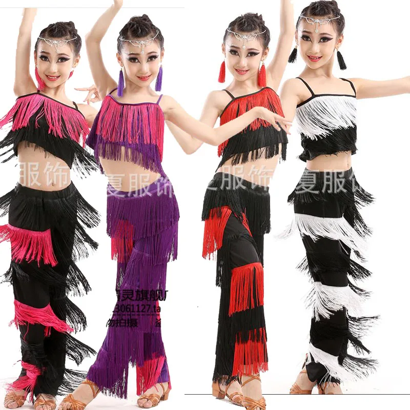 

Girls latin dancing dresses ballroom costumes Kids fringe tassel dress pants sequined fringe salsa samba costumes Outfits Child