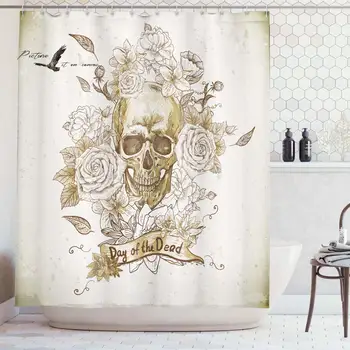 

Skulls Decorations Collection Skull with Roses Day of The Dead Sign Horror Mexican Traditional Art Polyester Fabric Bathroom