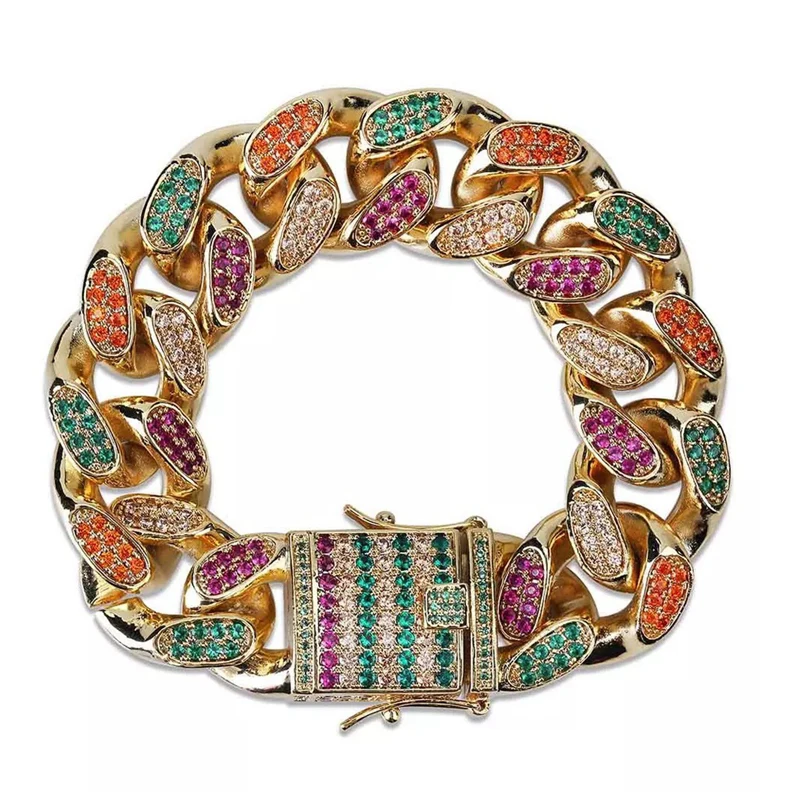 

Cuban Link Chain Gold Zircon colorful cubic zirconia Copper Miami Iced Out CZ Hip Hop Men Bracelet Homme Bijoux With Box Clasp