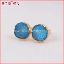 BOROSA элегантные 10 мм Золотые круглые радужные серьги-гвоздики с натуральным кристаллом Druzy Geode серьги Drusy для женщин G0204