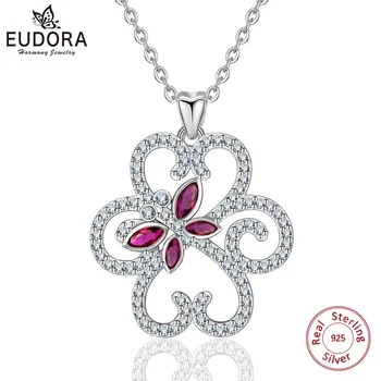 

EUDORA 925 Sterling Silver Irises Flower &Purple CZ Butterfly Necklace Pendants Women Silver Jewelry special gift for Women D323