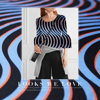 

135cm width 230g/m blue black waves printed thin knitted 100%wool materials autumn base T-shirt DIY clothes fabrics Freeshipping