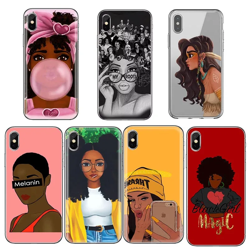 

For iPhone 6S Case 8 Plus 7 Plus 6 6S XR X 5S 5C 4 4S SE Afro Girls for Fundas iPhone XS Max Cases TPU for iPhone X Case