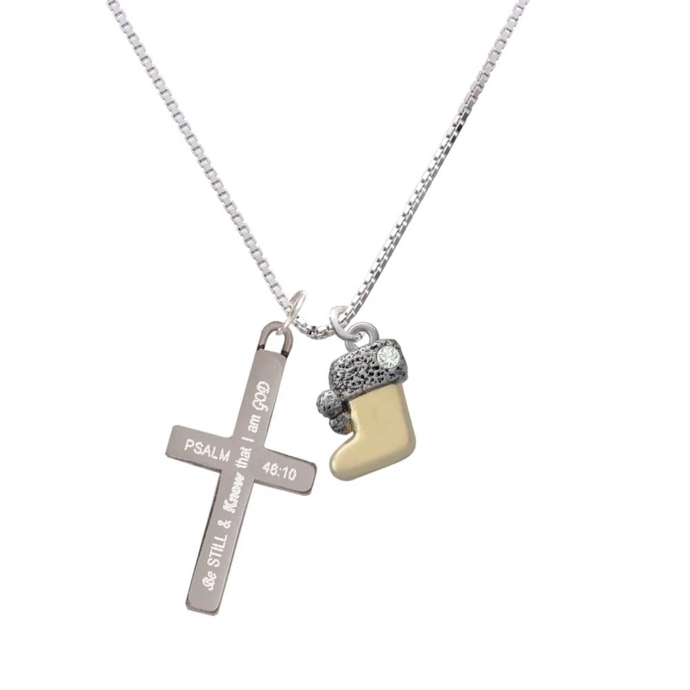 3-D Gold Tone Stocking with Fur and Clear Crystal - Be Still and Know - Cross Necklace