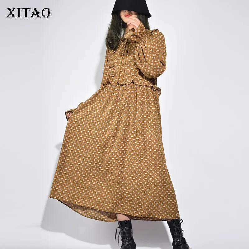 

[XITAO] Europe Fashion New Women 2019 Spring O-neck Full Sleeve Casual Dress Female Ruffles Print Wooden Ear Dress GWY2916