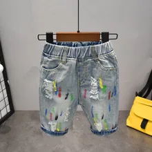 Лидер Летних Продаж дизайн светло-голубой цвет краски рваные джинсы, Детские укороченные штаны элегантные джинсы для мальчиков джинсовые шорты для детей От 2 до 7 лет