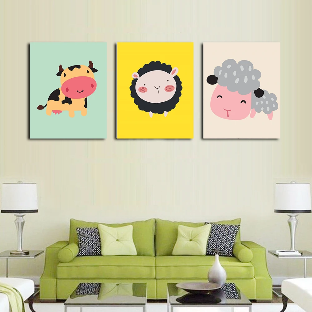 3 Panel Cartoon Animal Posters Abstract Canvas Oil Painting Wall