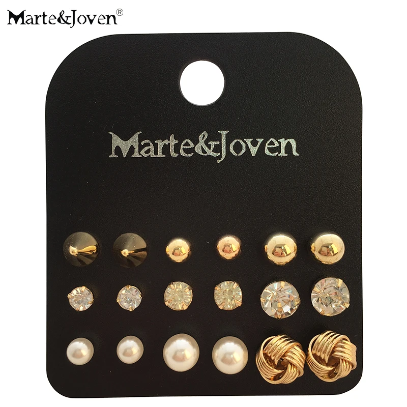 

Marte&Joven Fashion 9 Pair/set Rhinestone Stud Earrings Set for Women Imitation Pearl and Golden Twist Ball Studs Accessories