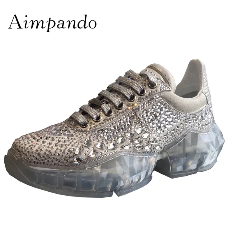 

2019 Crystal Rhinestone Plarform Sneakers Woman Round Toe Cross-tied Thick Platform Real Leather Casual Shoes