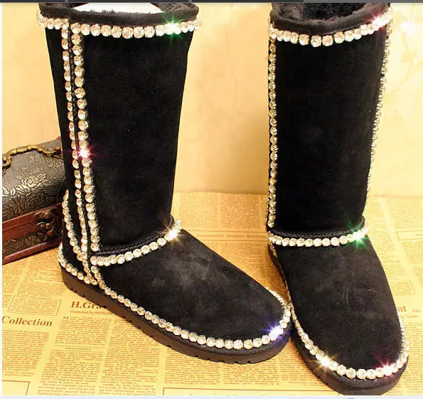 

New Arrival 2014 Women Wedding Boots premium grade A claw diamond gem diamond genuine leather handmade Xiangtie Tall snow boots