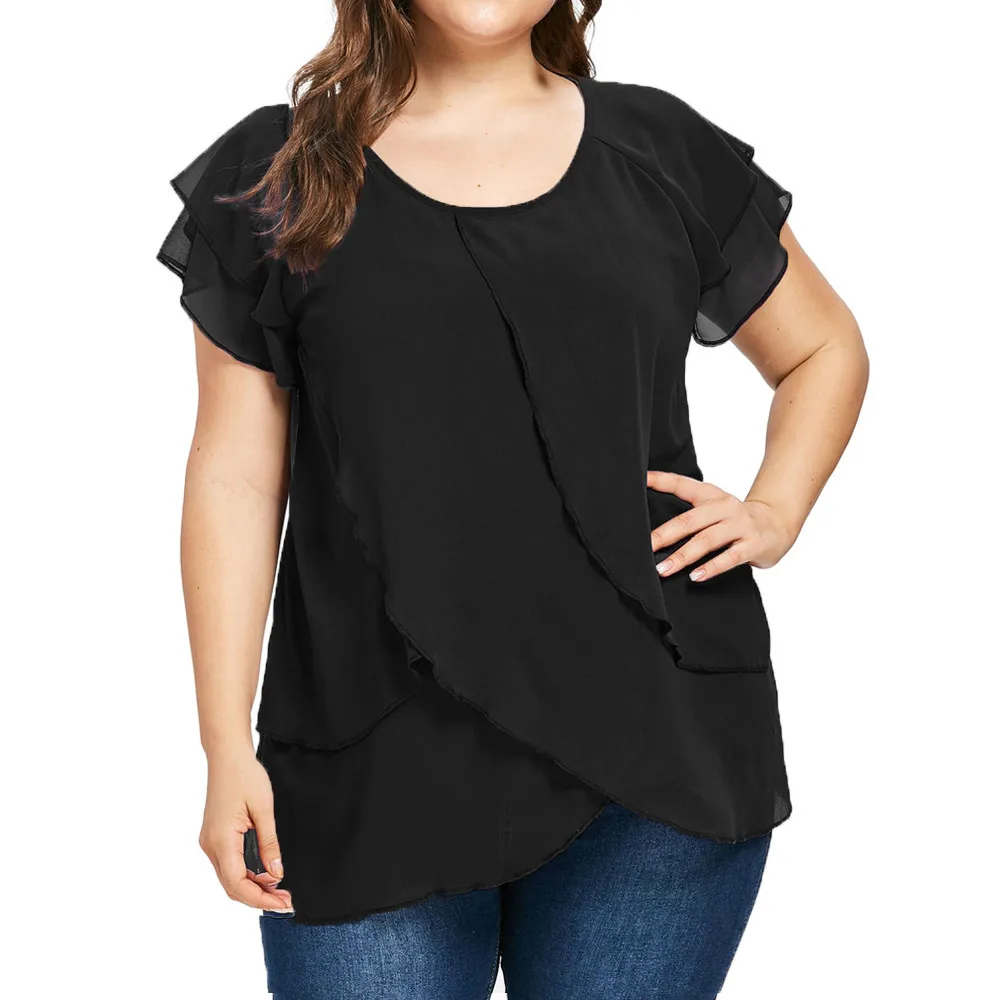 

Plus Size 4XL Summer 2018 Womens Tops and Blouses Chiffon Tunic Solid Layered Short Sleeve Shirts Office Lady Top Women Clothes