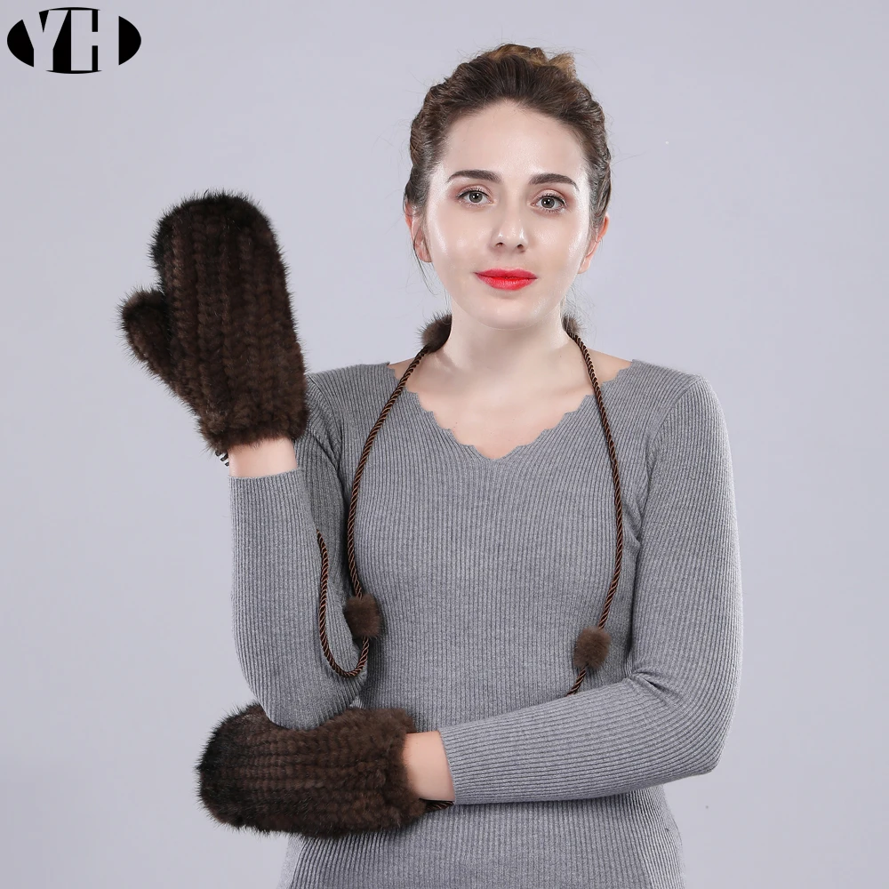 

2019 New arrive women real mink fur gloves knitted handmade natural mink fur Mittens Russian black coffee wine winter autumn fur