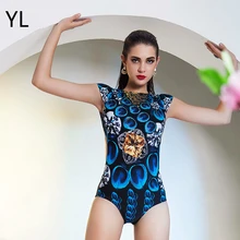 Queen, эластичный цельный купальный костюм с короткими рукавами, с 3D принтом, высокая талия, синий, перья павлина, пуш-ап, купальник