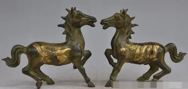 

S02181 Chinese FengShui Bronze gilt animal Success Horse Dragon Phoenix Statue Pair