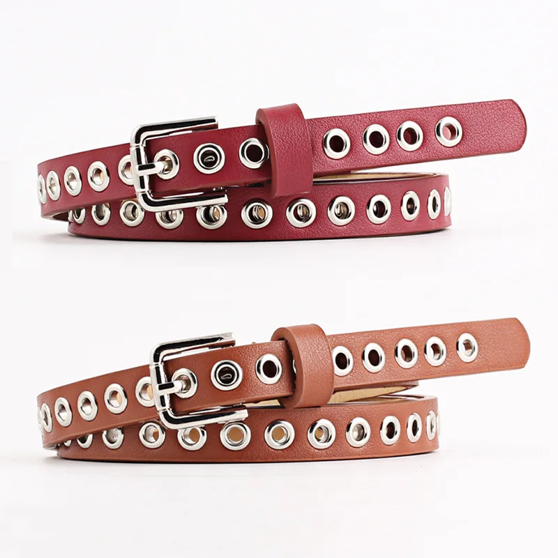 

Vintage 1.4cm Wide Square Alloy Pin Buckle Women Waist Belt Leather PU Hip Hop Metal Eyelet Gromment Jeans Belts