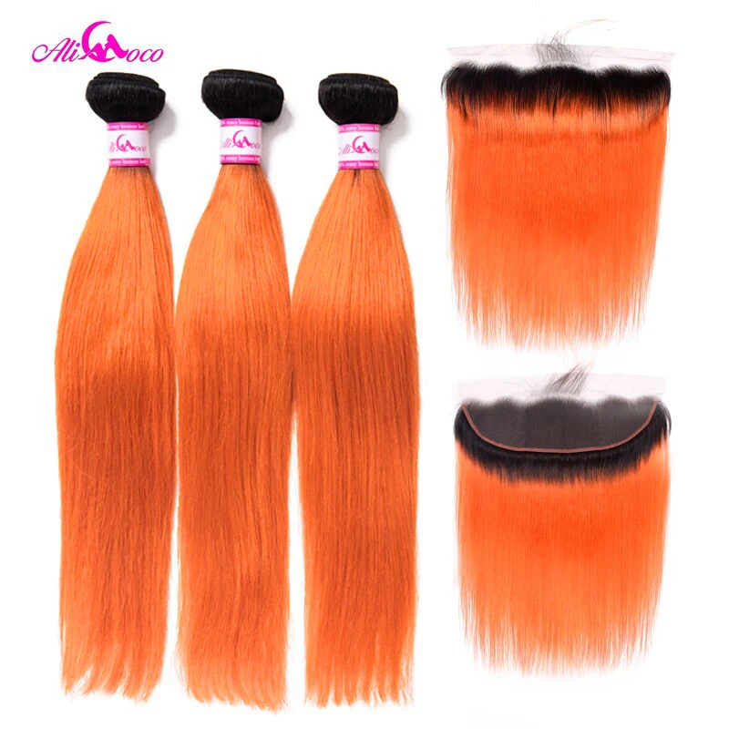 

Ali Coco Brazilian Straight Ear To Ear Lace Frontal Closure With 3 Bundles 1B/Orange 10-30 Inch Remy Human Hair With Frontal