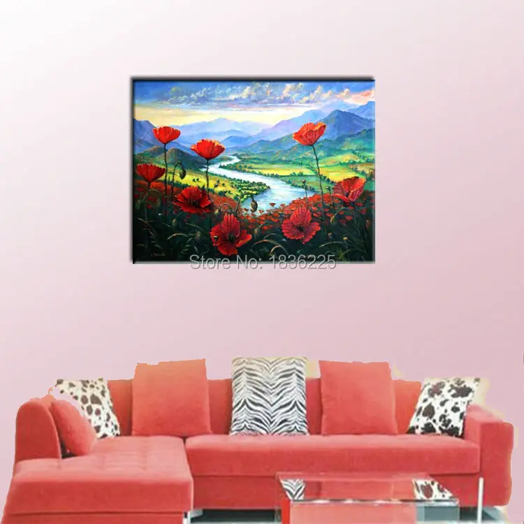 popy field river vally landscape oil painting750