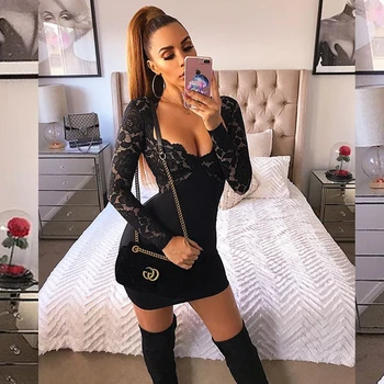 

2019 Autumn Red Black Dark-Blue White Long Sleeve Lace Bandage Dress V Neck Sexy Bodycon Elegant Party Night Out Vestidos Club