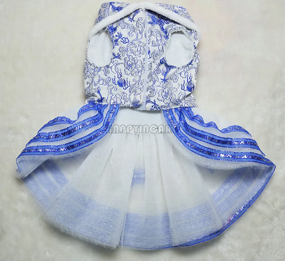 Cute Pet Apparel Dog Clothes Wedding Dress Blue and White Porcelain Pattern Small Dragon Embroidery Thickened Plush CHW235 | Дом и сад