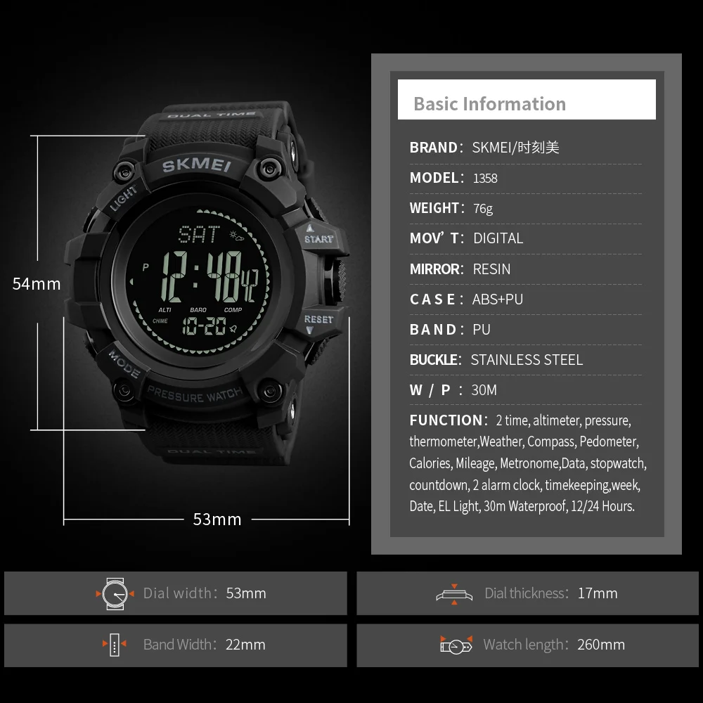 SKMEI Brand Mens Sports Watches Hours Pedometer Calories Digital Watch Altimeter Barometer Compass Thermometer Weather Men Watch