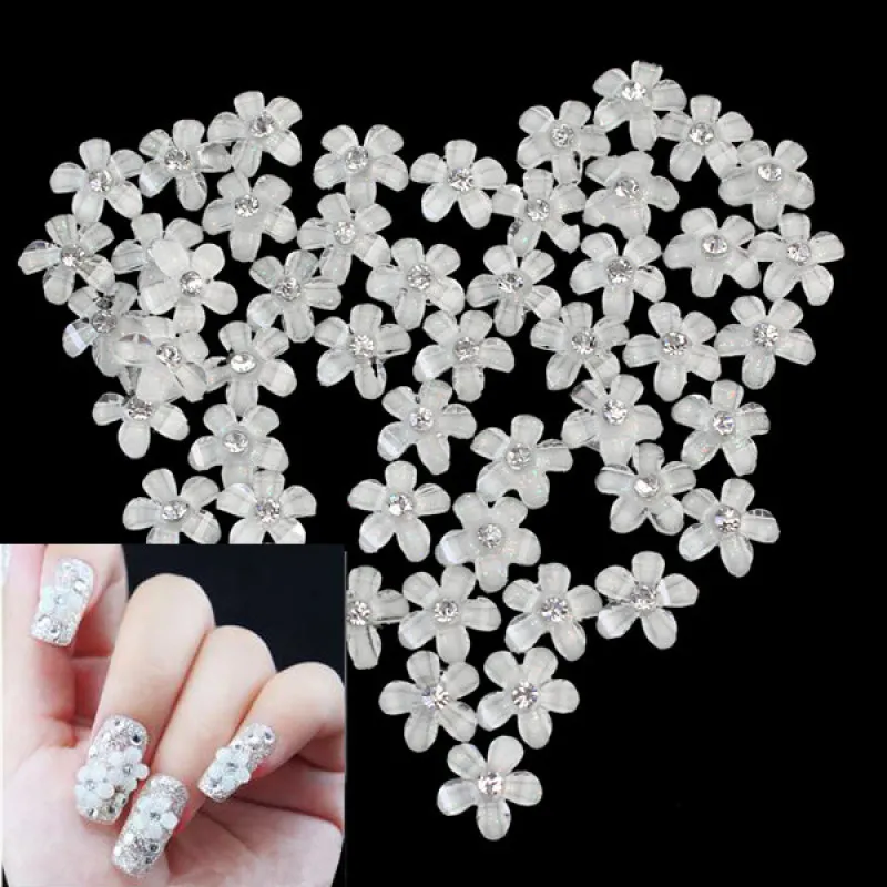 

50 pcs White Flower Design 3d DIY Nail Art Decorations Charms Nails Glitter Rhinestones Nail Supplies Tools Jewelry