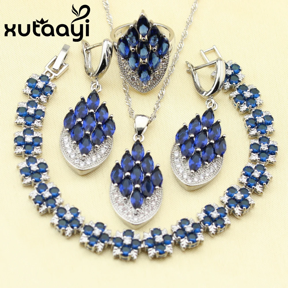 

Blue Cubic Zirconia White Stones 925 Sterling Silver Four-Piece Jewelry Set For Women Earring Ring Necklace Pendant Bracelet