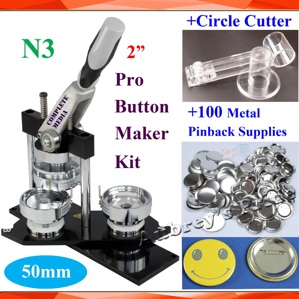 

Pro N3 NEW 2" 50mm Badge Button Maker Machine + Adjustable Circle Cutter+100 Sets Metal Pinback Supply