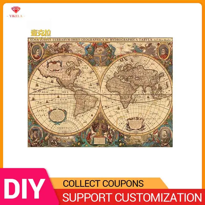

YIKELA Diamond Painting DIY 5D Cross Stitch World Map Full Drill Round Accessory Embroidery Wall Home Traveling Decor