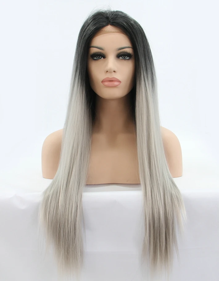 

Fashion Ombre Sliver Grey Extra Long Straight Gray Synthetic Lace Front Wig Glueless Black/Gray Heat Resistant Hair Women Wigs