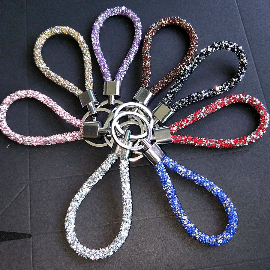

Fashion Colorful Sparkling Crystal PU Leather Rope Keychain For Women Girl Car Bag Accessories Gift Rhinestone Keyring Jewelry