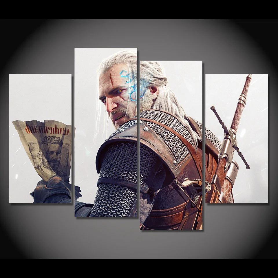 4 Pcs/Set Framed HD Printed Game The Witcher 3 Geralt