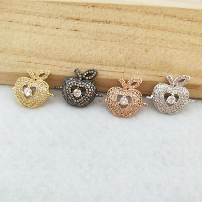 

10 pcs CZ zircon Micro Pave apple shape Connector Double Bails Beads Charm for DIY Bracelet necklace women Jewelry Finding CT425