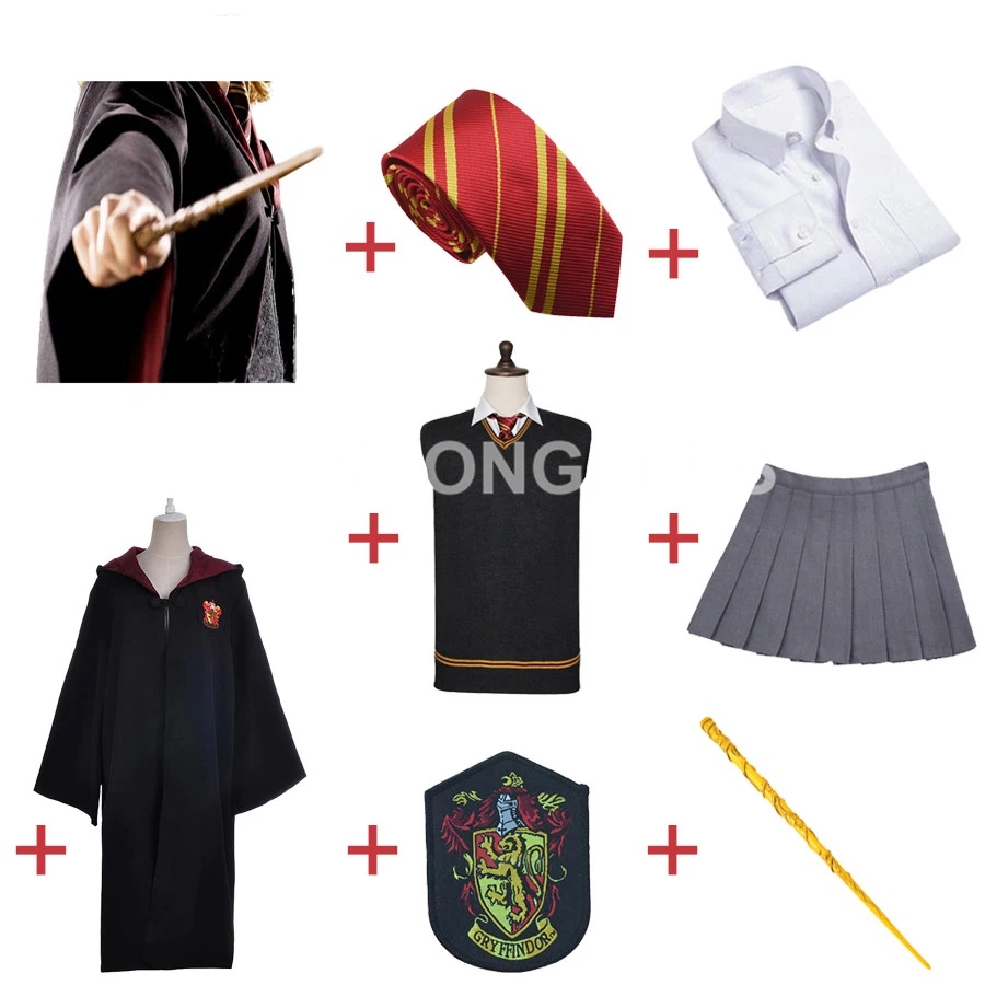 

Free Shipping Gryffindor Hermione Granger Cosplay Robe Cloak Skirt Uniform Wand for Halloween for Harris Costume