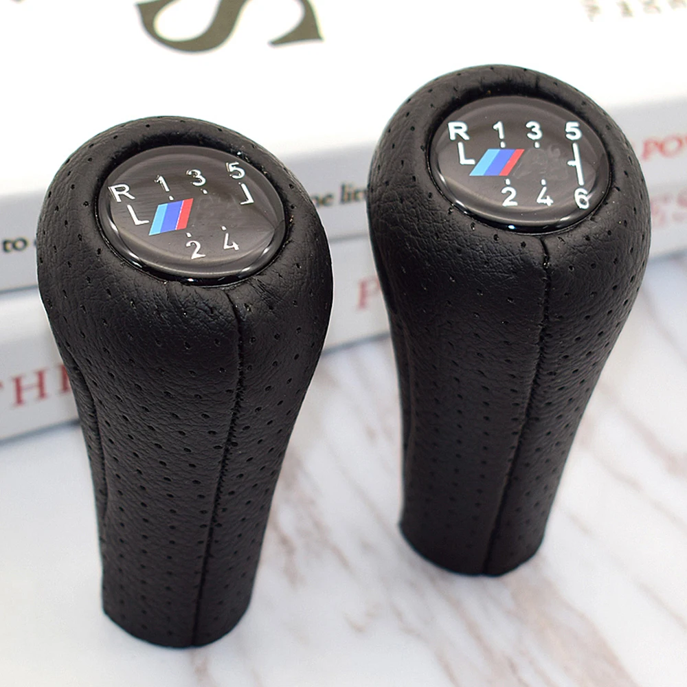 5 6 Speed Real Leather Gear Shift Knob With M Logo For BMW 1 3 5 6 Series E30 E32 E34 E36 E38 E39 E46 E53 E60 E63 E83 E84 E87 head gear shift knob black silver 5 6 speed mt gear shifter manual for bmw for bmw e30 e32 e36 e46 e39 e34 z3 car accessories