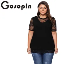Gosopin Floral Lace Plus Size Short Sleeve Summer Tshirt Splice Black O Neck Fashion Women Top Solid Casual Shirt Blusas 250779