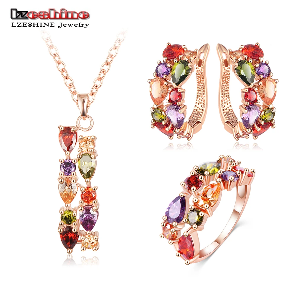 lzeshine new top rose gold color flower jewelry set multicolor cubic zircon pendant earrings ring women wedding jewelry sets - Discount Wedding Rings Women lzeshine new top rose gold color flower jewelry set multicolor cubic zircon pendant earrings ring women wedding jewelry sets - Discount Wedding Rings Women