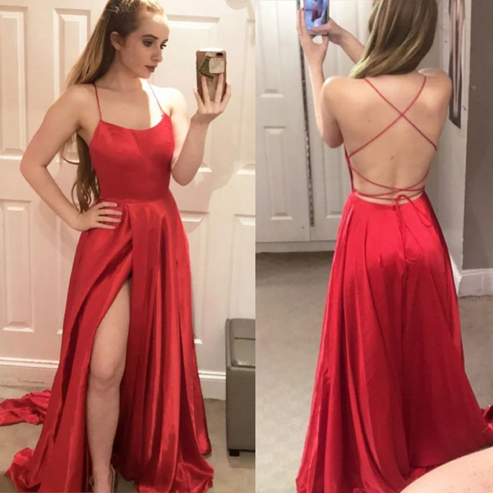 

Sexy Red Satin Evening Dresses Styles Slit Backless Prom Dresses 2019 Blue Evening Gowns Prom Party Dress Green Abiye robe femme