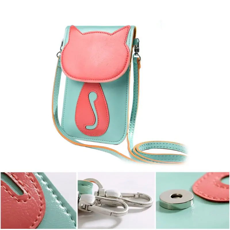 

Cute Women Phone bag Cat Cartoon Mini Shoulder Crossbody Bag Messenger Leather