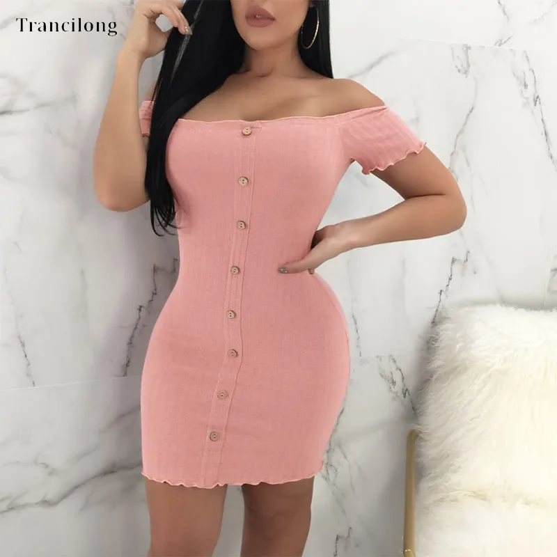 

Trancilong Luxury Solid Color Collar Slim Dress Female Sexy Short-sleeved Bag Hip Dress Special Occasion Bodycon Party Birthday