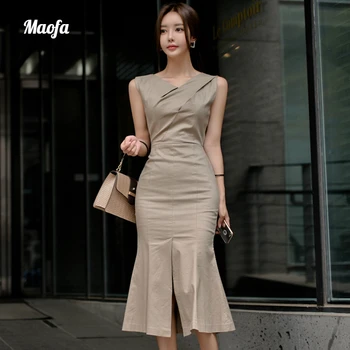 

Summer Asymmetrical Dress Sleeveless Tank V-neck mermaid Casual Office Lady Dress Elegant Club Ladies Dresses split Vestidos