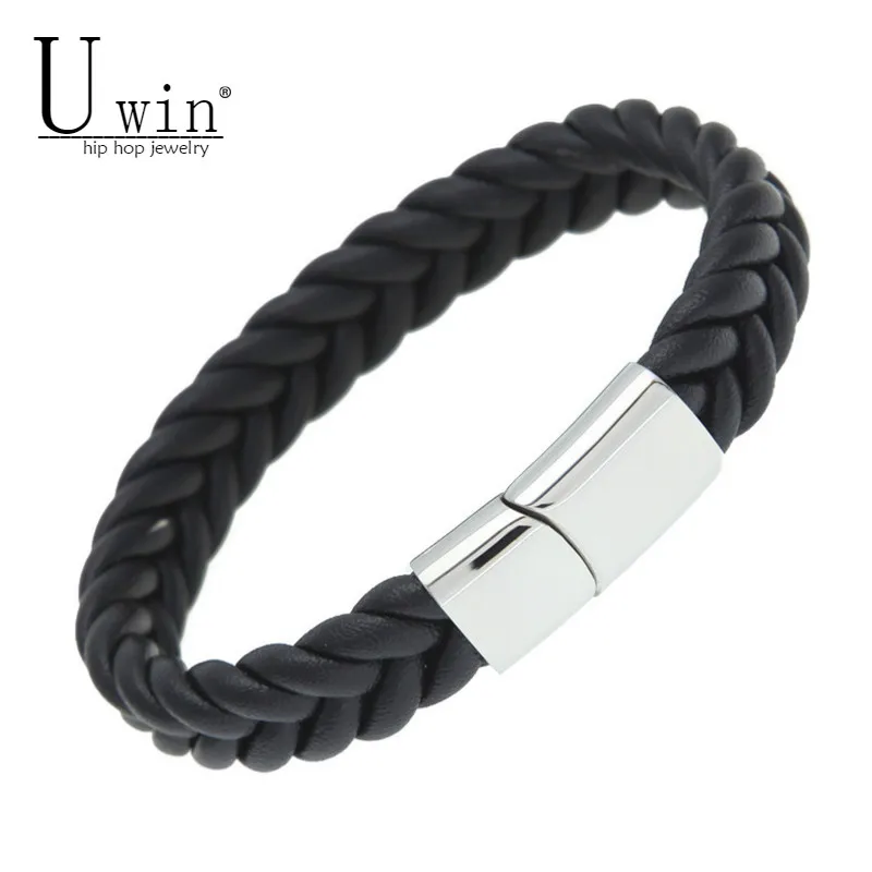 

UWIN Genuine Leather Bracelet For Men Vintage 316L Stainless Steel Magnet Braided Leather Male Punk Cuff Bracelets Bangles