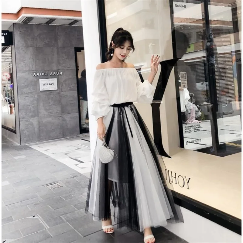 

Summer New Mesh Patchwork Long Skirts Black White Panelled A-lined Women Skirts High Waist Fashion Skirts