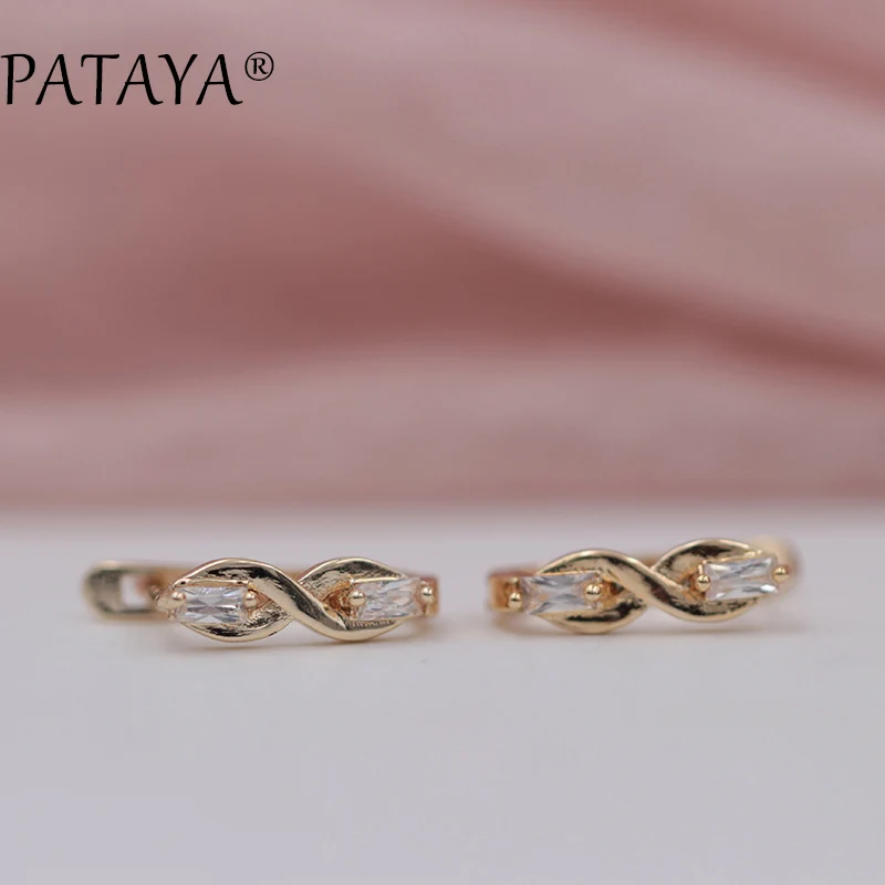 

PATAYA New Digital Eight White Two Square Natural Cubic Zirconia Earrings 585 Rose Gold Classical Earrings Women Fine Jewelry