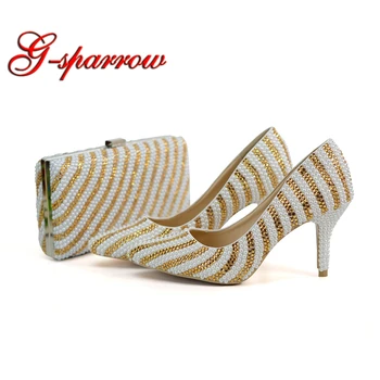 

2018 New Designer Handmade Pointed Toe Wedding Shoes Mix White and Gold Color Bridal Dress Shoes with Matching Purse 8cm Heel